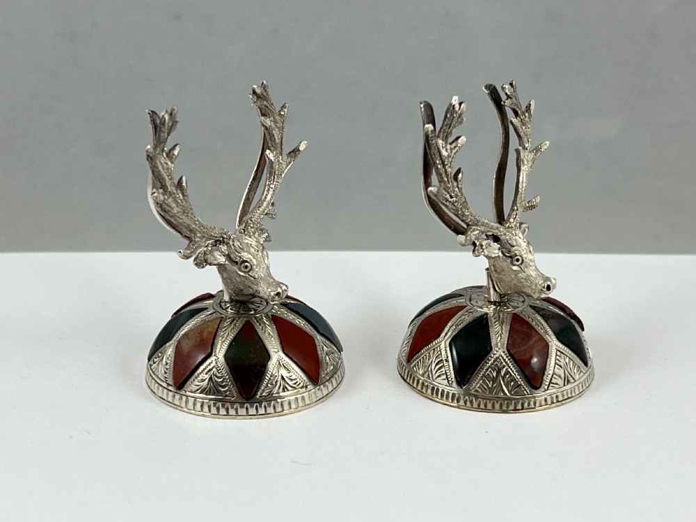 Victorian Scottish antique silver and agate stag menu holders. c.1880 View V