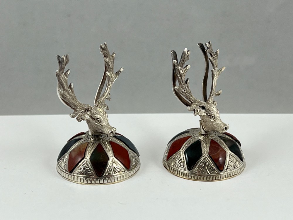 Victorian Scottish antique silver and agate stag menu holders. c.1880 View VI