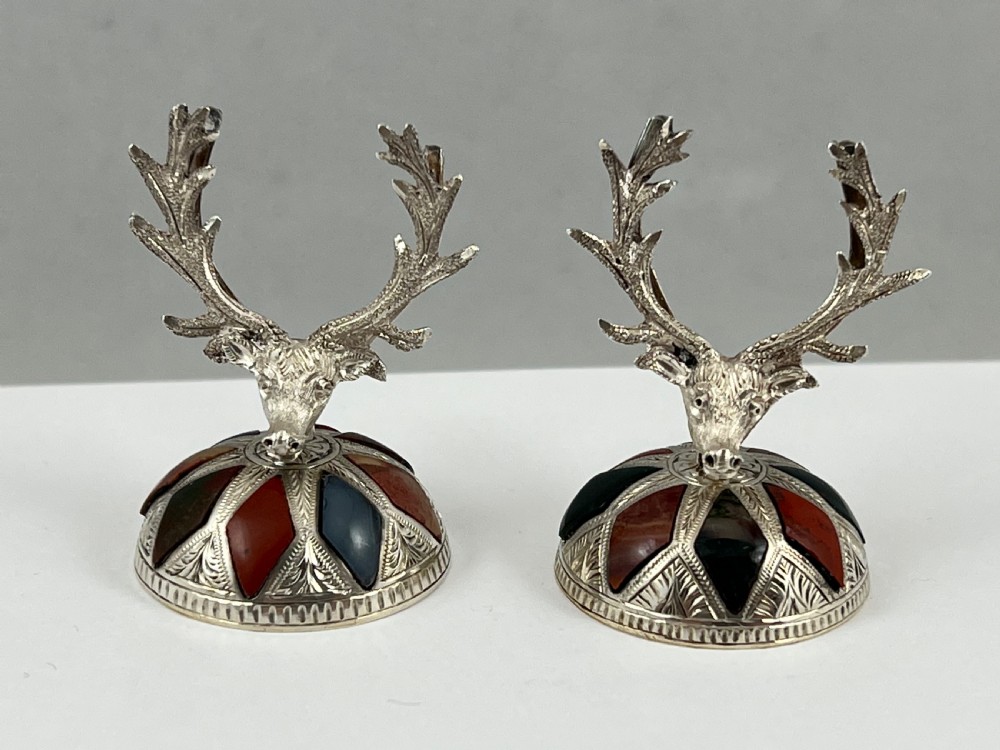 Victorian Scottish antique silver and agate stag menu holders. c.1880 View VII