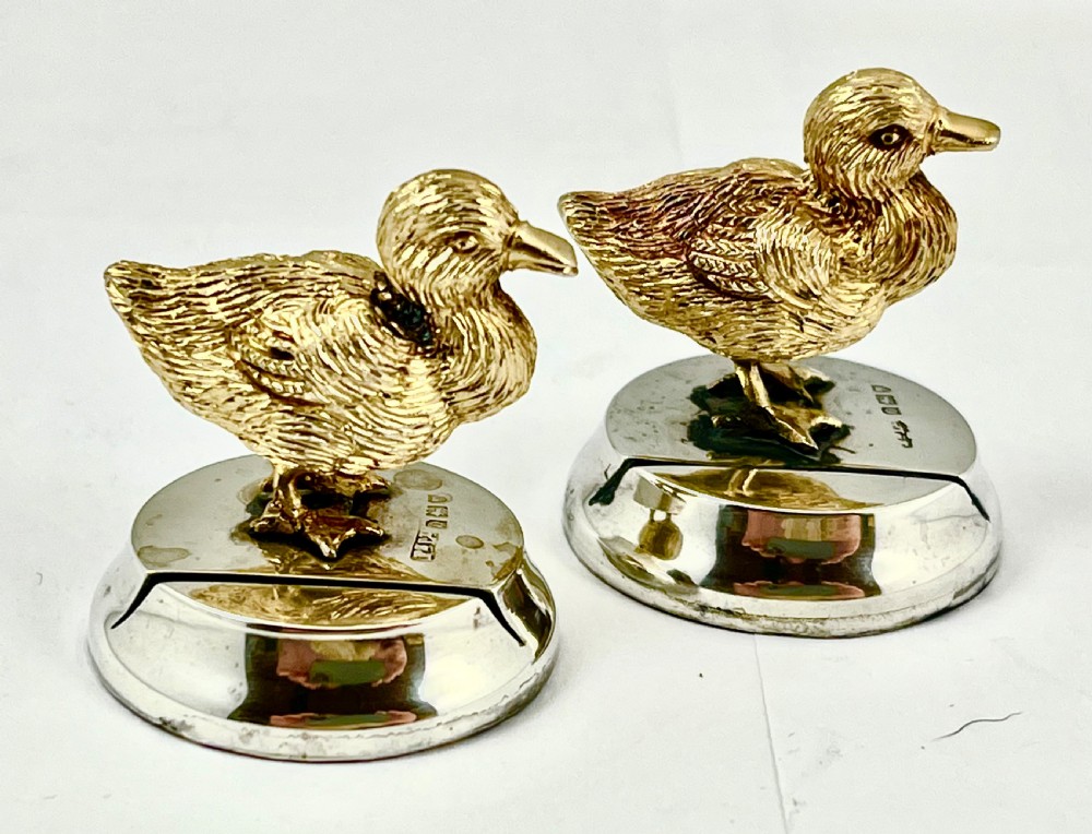 Edwardian antique silver gilt pair of duck menu holders, London 1909