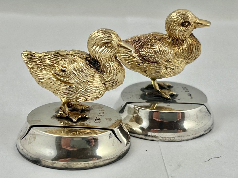 Edwardian antique silver gilt pair of duck menu holders, London 1909 View II