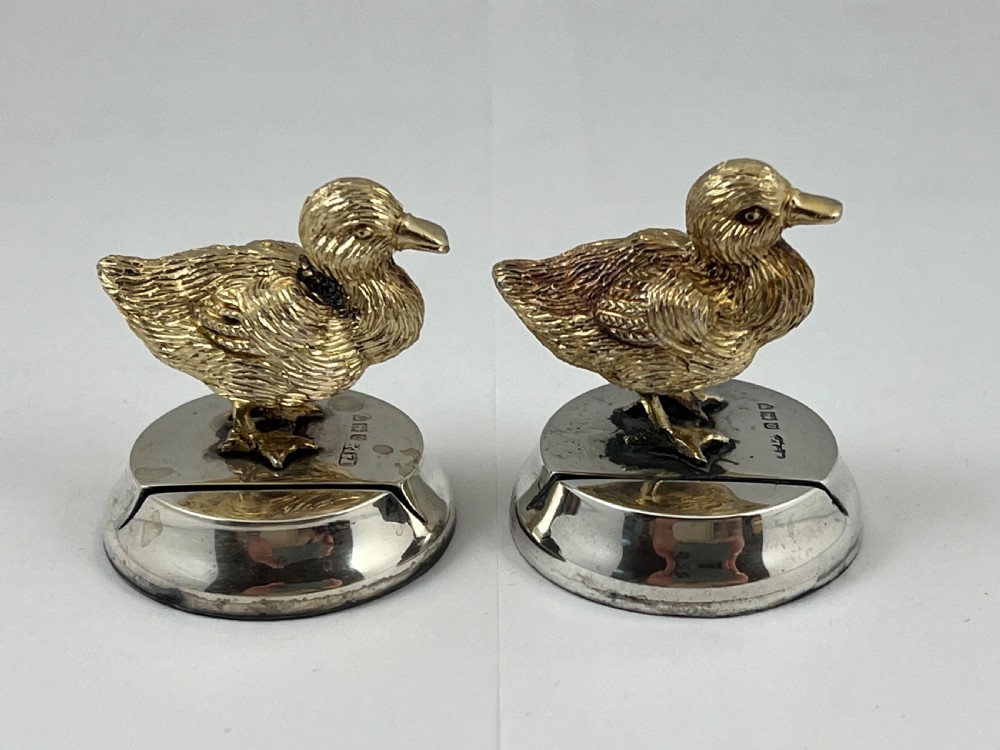Edwardian antique silver gilt pair of duck menu holders, London 1909 View IV