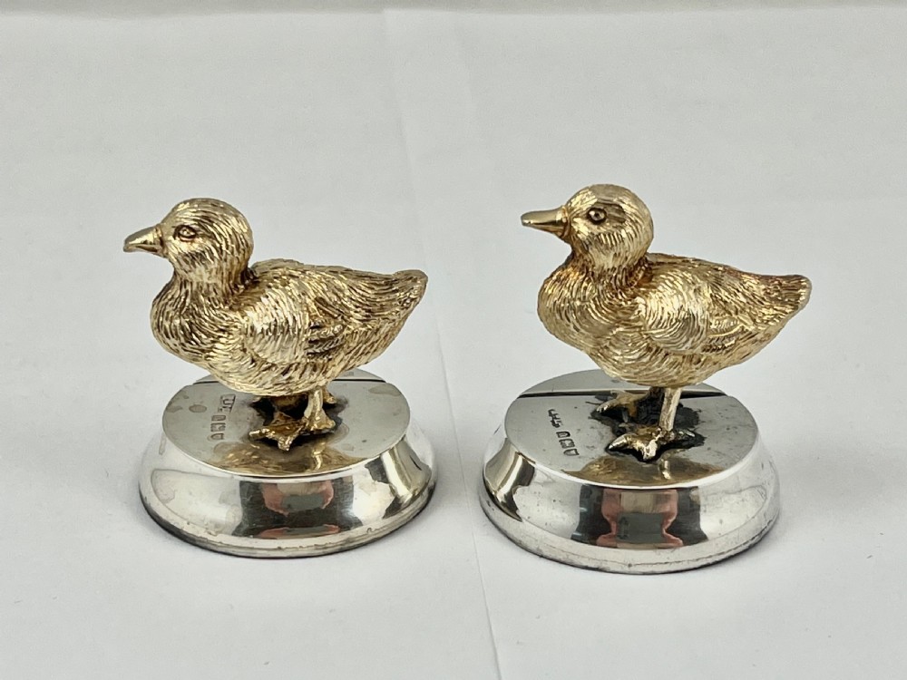 Edwardian antique silver gilt pair of duck menu holders, London 1909 View V