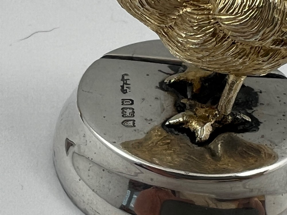 Edwardian antique silver gilt pair of duck menu holders, London 1909 View VII