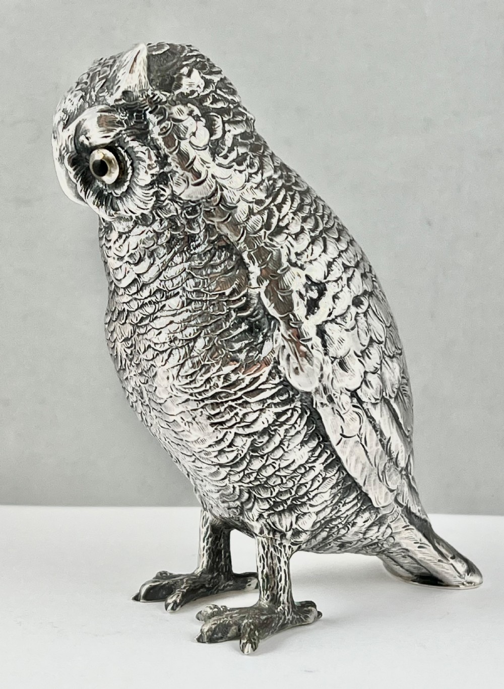 Continental antique silver owl, German Sterling silver. c.1910 View III