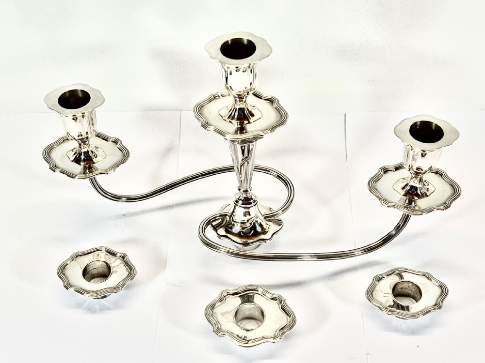Pair of antique Edwardian silver 3 branch candelabra, Sheffield 1907. View IV