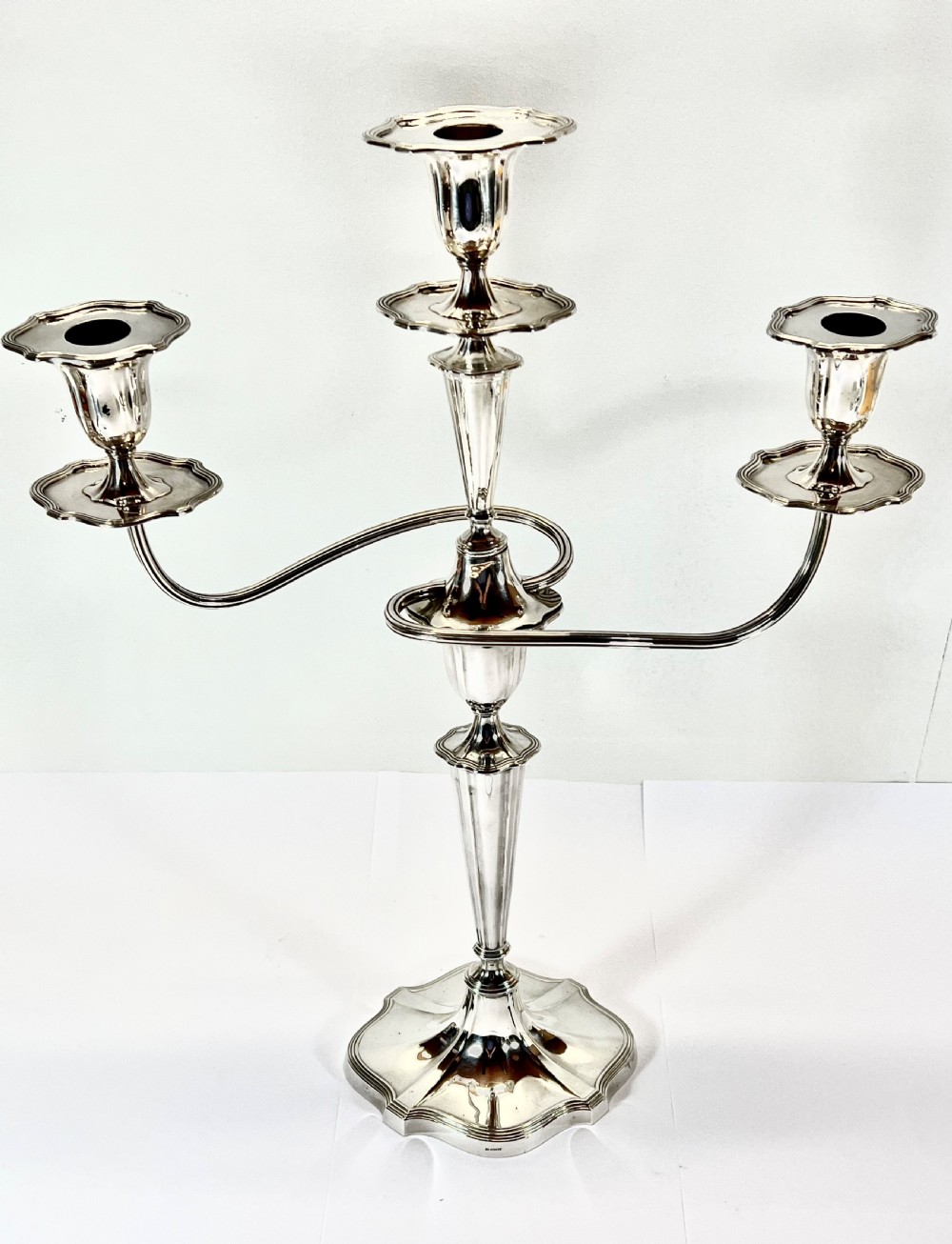 Pair of antique Edwardian silver 3 branch candelabra, Sheffield 1907. View VIII