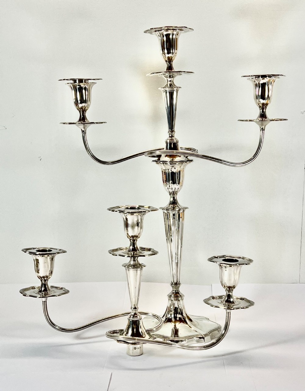 Pair of antique Edwardian silver 3 branch candelabra, Sheffield 1907. View IX