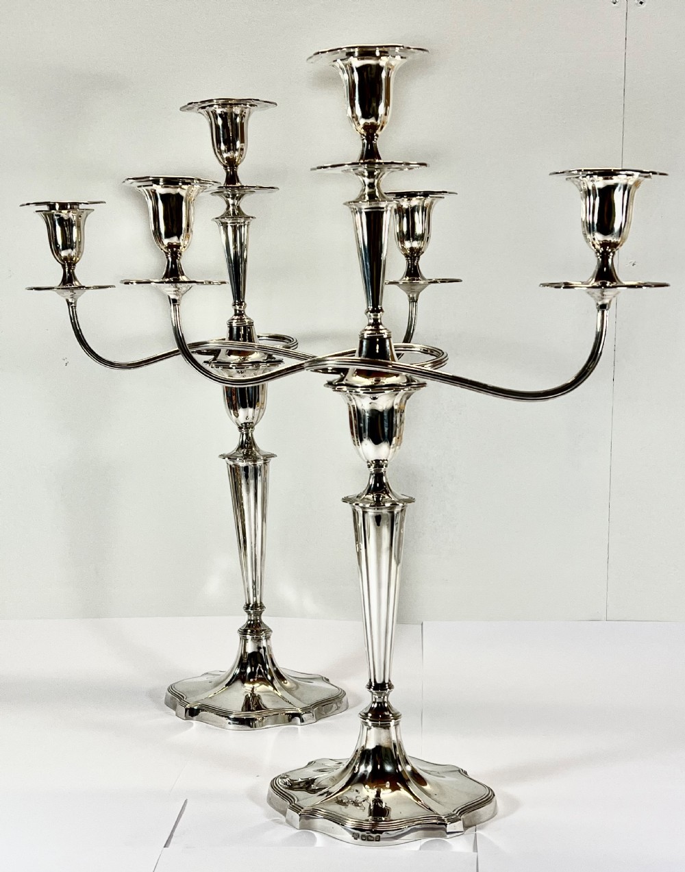 Pair of antique Edwardian silver 3 branch candelabra, Sheffield 1907. View X