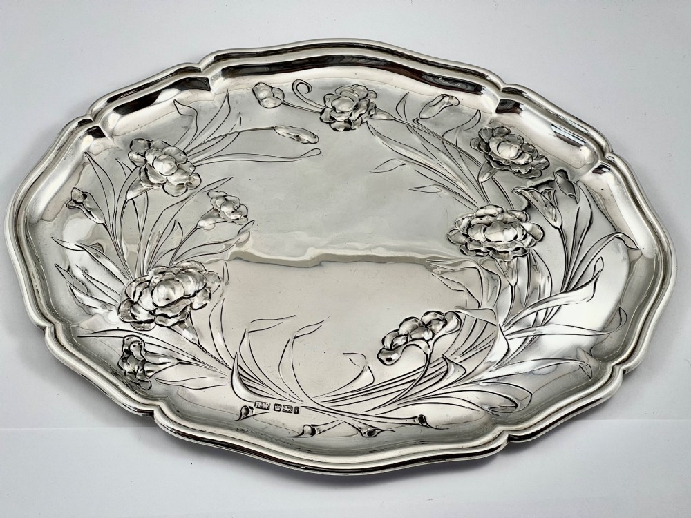 Edwardian antique Art Nouveau silver tray, Sheffield 1901