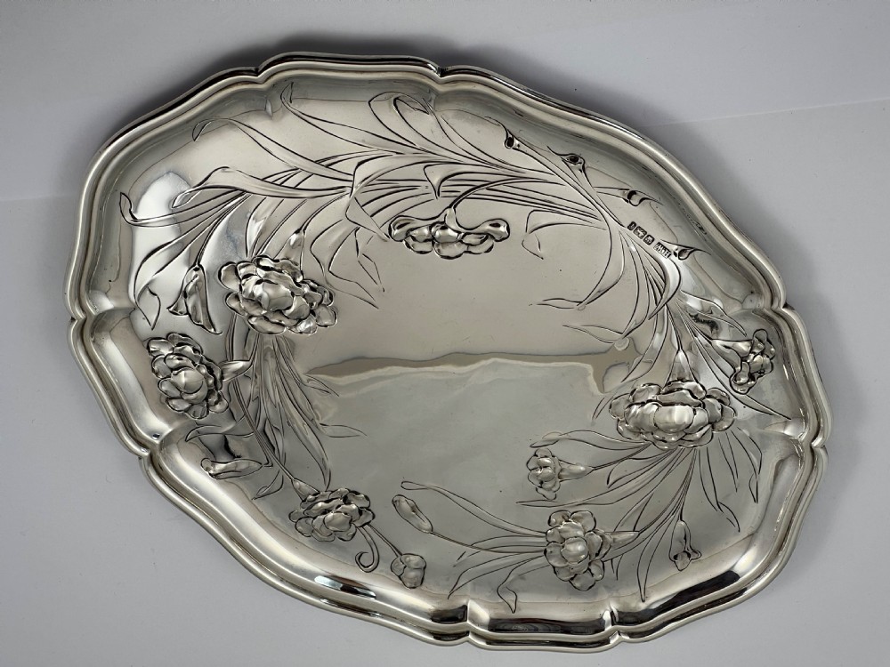 Edwardian antique Art Nouveau silver tray, Sheffield 1901 View IV
