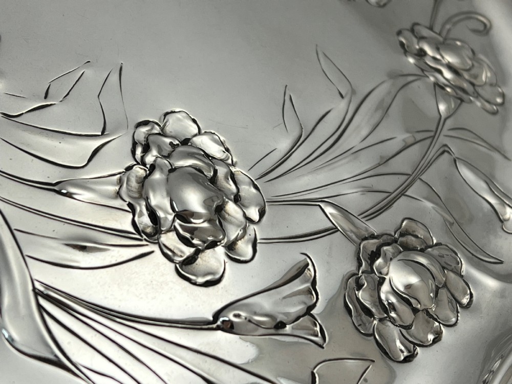 Edwardian antique Art Nouveau silver tray, Sheffield 1901 View V