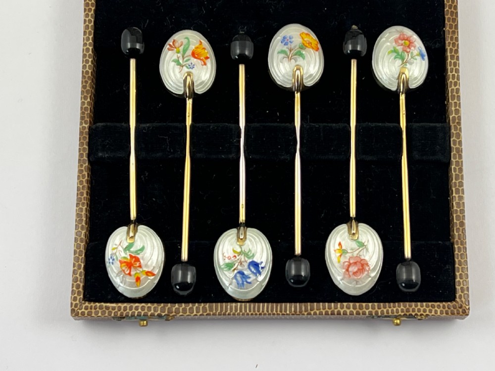 Elizabeth II cased set of gilt and enamelled coffee spoons, 1953