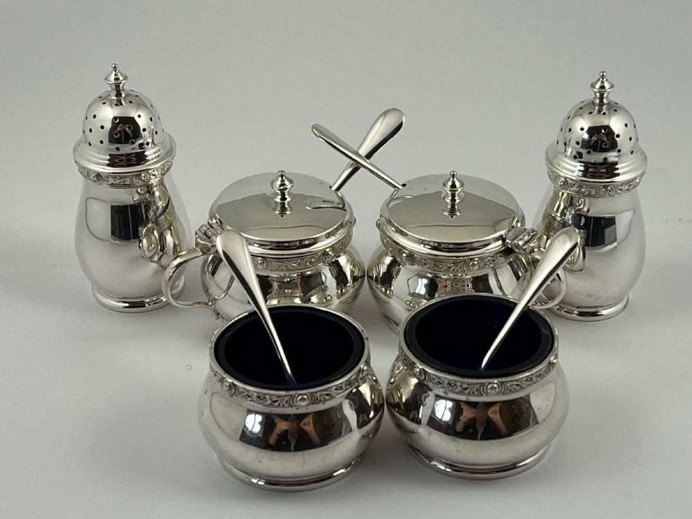 Cased 9 piece antique silver condiment set by Henderson & Sorley. Glasgow 1936 View XII