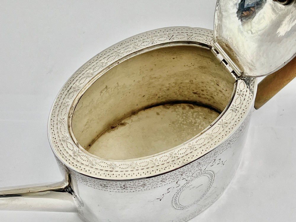 George III antique silver saffron tea pot, John Denzilow, London 1782 View III