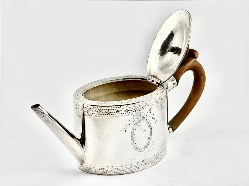 George III antique silver saffron tea pot, John Denzilow, London 1782 View IV