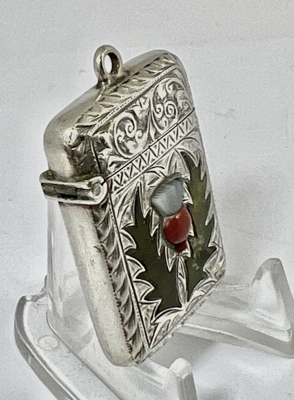 Edwardian antique silver and agate vesta case, Joseph Cook 1907 View III