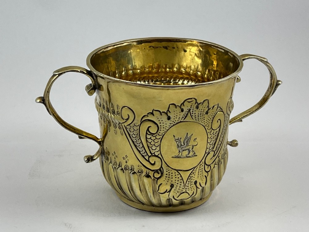 Queen Anne antique silver gilt porringer, London 1712 by Timothy Ley