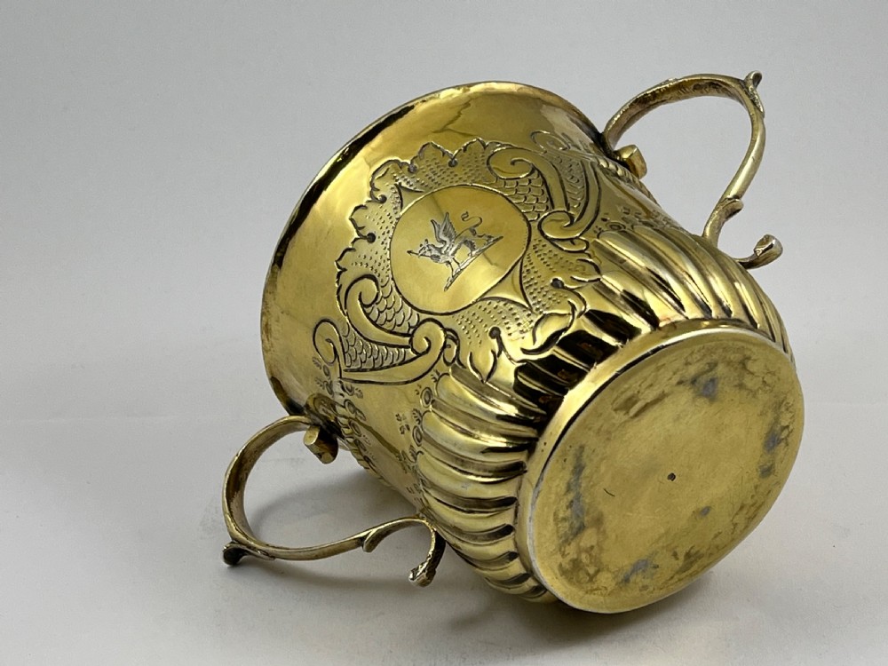 Queen Anne antique silver gilt porringer, London 1712 by Timothy Ley View III