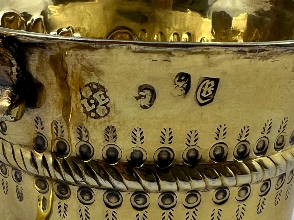 Queen Anne antique silver gilt porringer, London 1712 by Timothy Ley View V