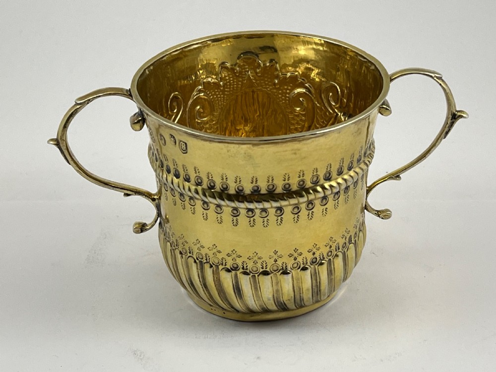 Queen Anne antique silver gilt porringer, London 1712 by Timothy Ley View VI