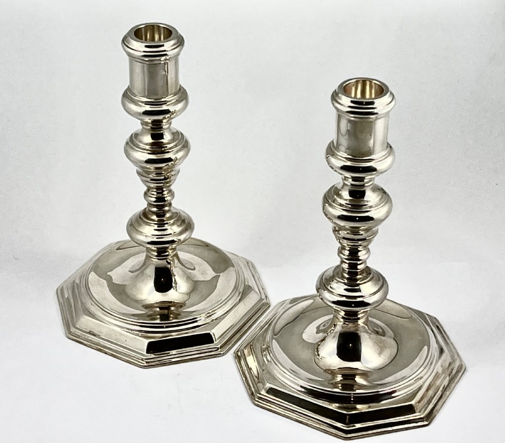 George VI matched pair of silver candlesticks, London 1931/52 View II