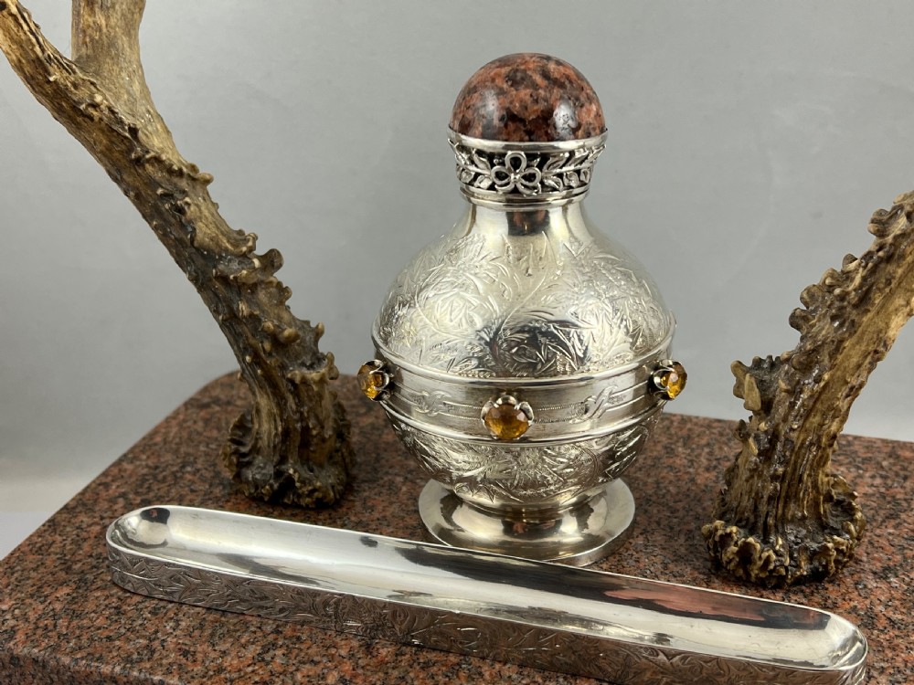 Scottish Victorian granite, silver and antler deskset, c.1880 View II