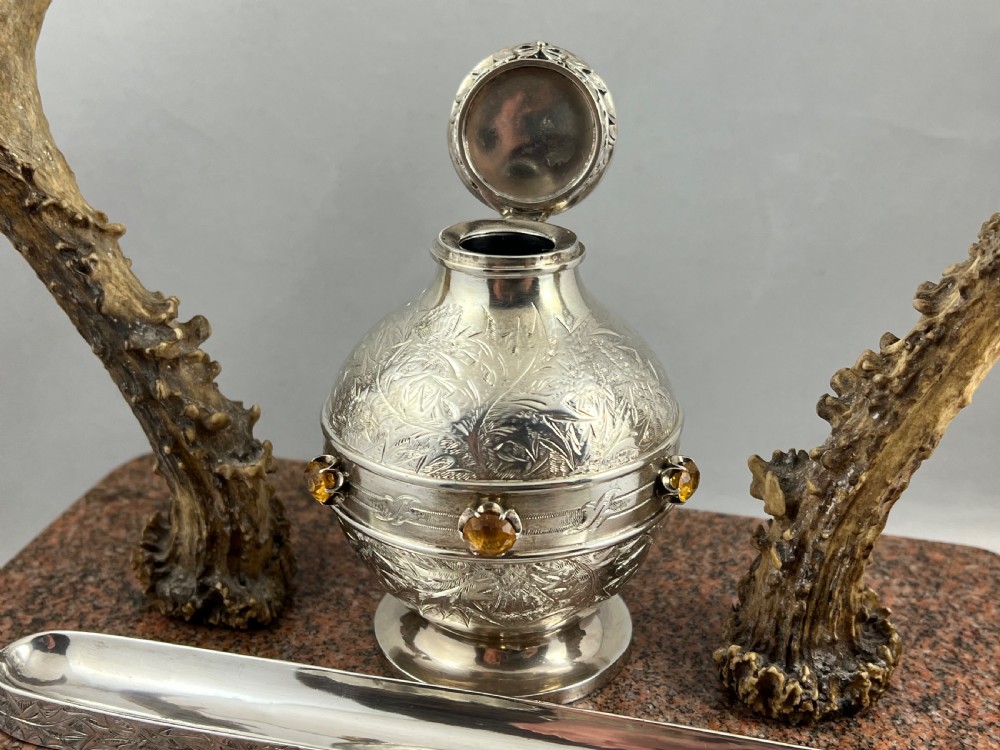 Scottish Victorian granite, silver and antler deskset, c.1880 View IV