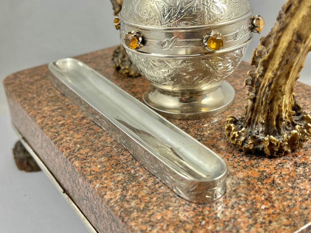Scottish Victorian granite, silver and antler deskset, c.1880 View VII