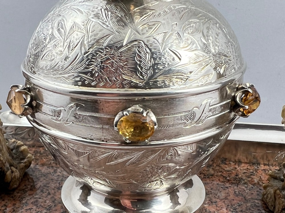 Scottish Victorian granite, silver and antler deskset, c.1880 View X