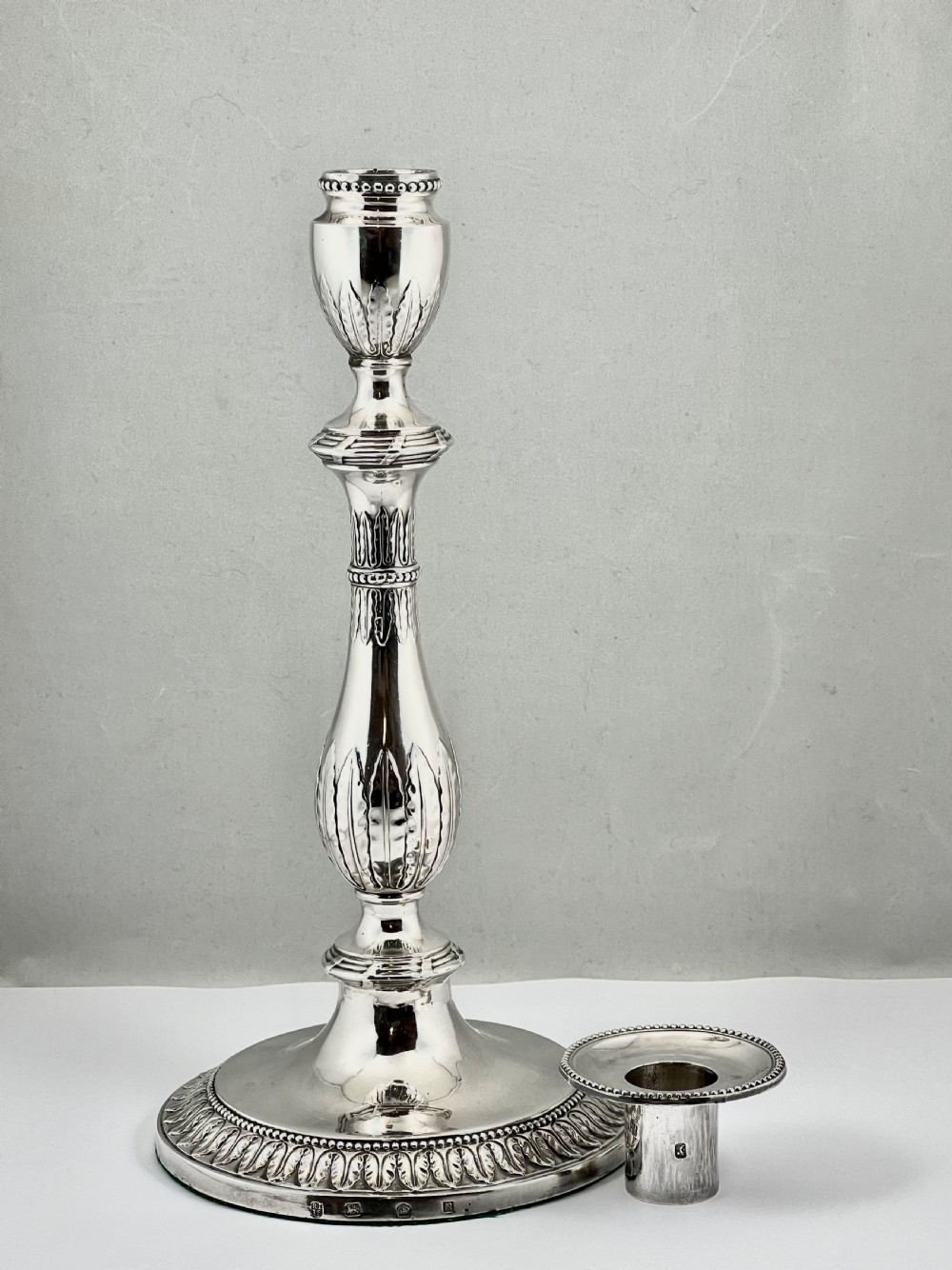 George III pair of antique silver candle sticks, Sheffield 1776 View V