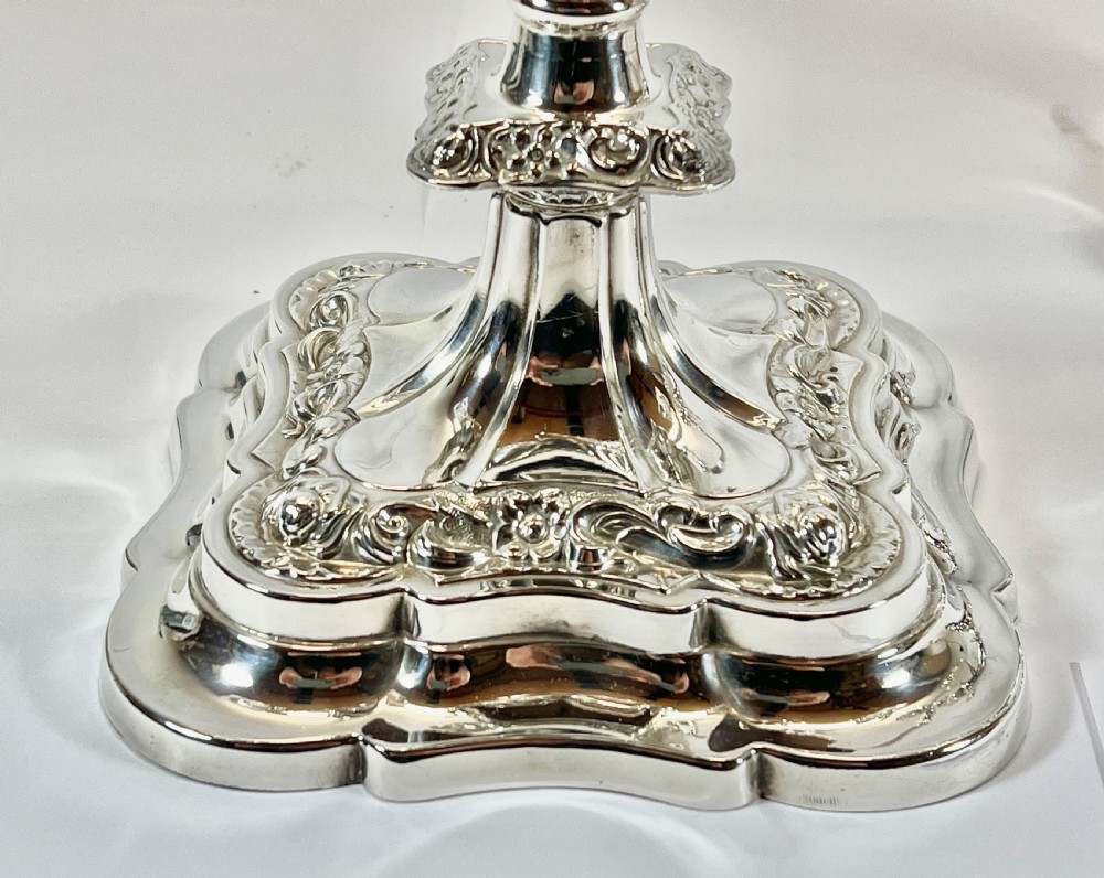Elizabeth II pair of three branch silver candelabra, Sheffield 1963 View II