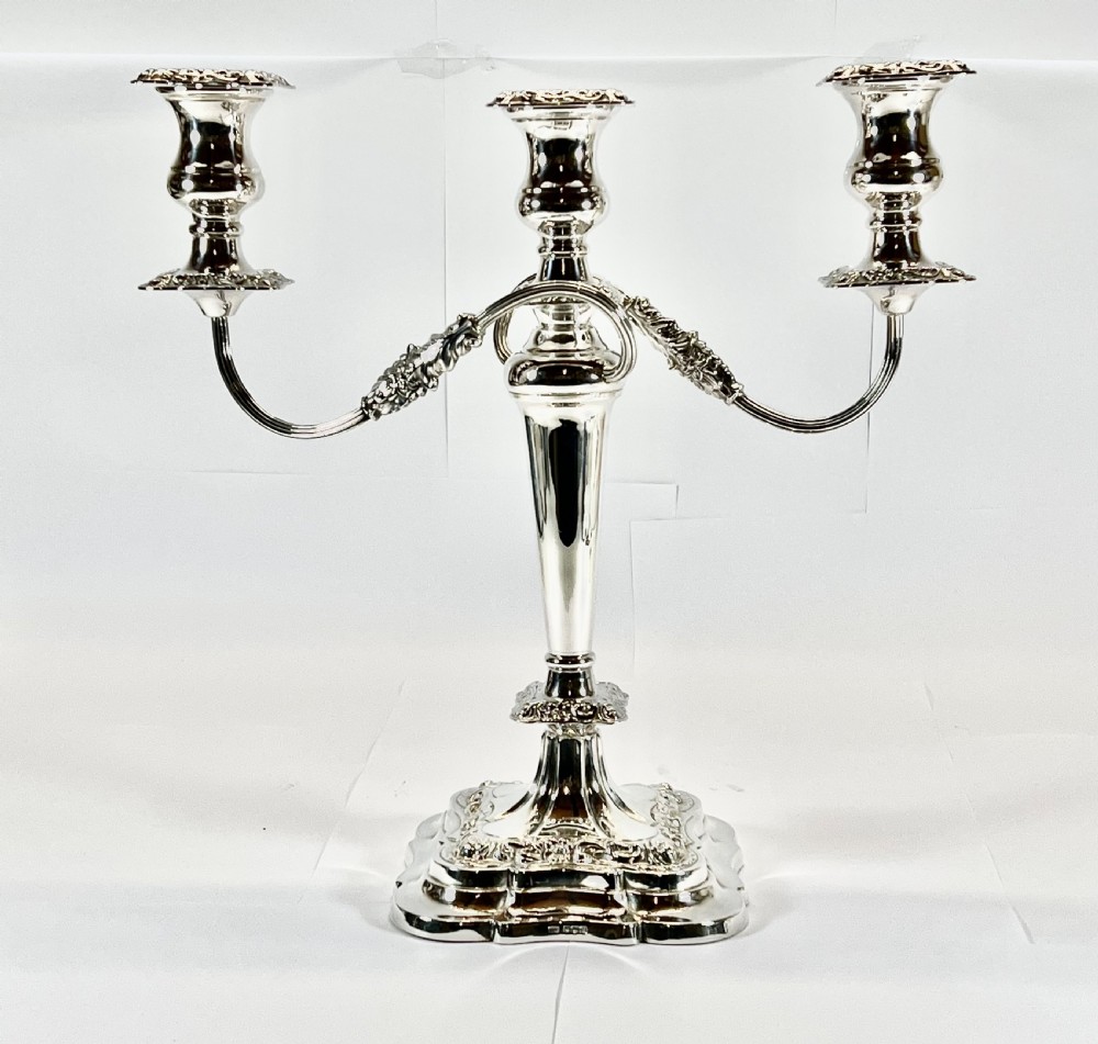 Elizabeth II pair of three branch silver candelabra, Sheffield 1963 View IV
