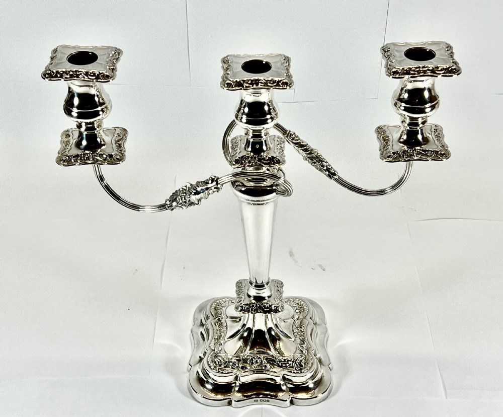 Elizabeth II pair of three branch silver candelabra, Sheffield 1963 View V