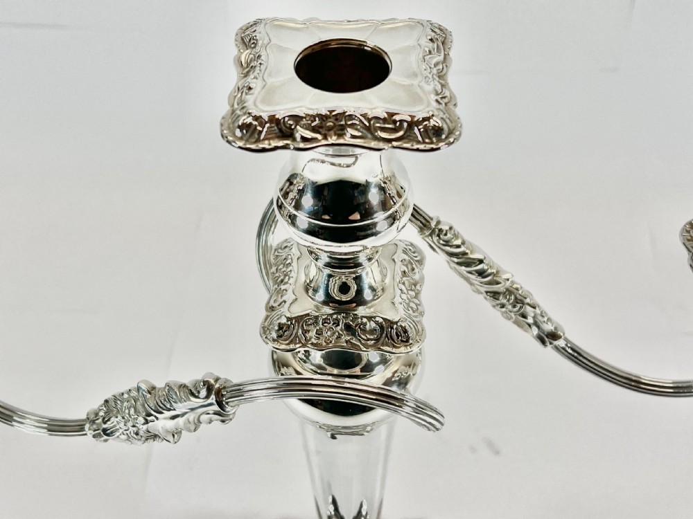 Elizabeth II pair of three branch silver candelabra, Sheffield 1963 View VI