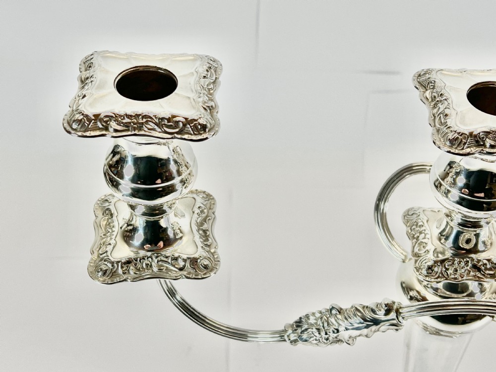 Elizabeth II pair of three branch silver candelabra, Sheffield 1963 View VII