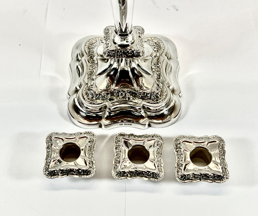 Elizabeth II pair of three branch silver candelabra, Sheffield 1963 View VIII