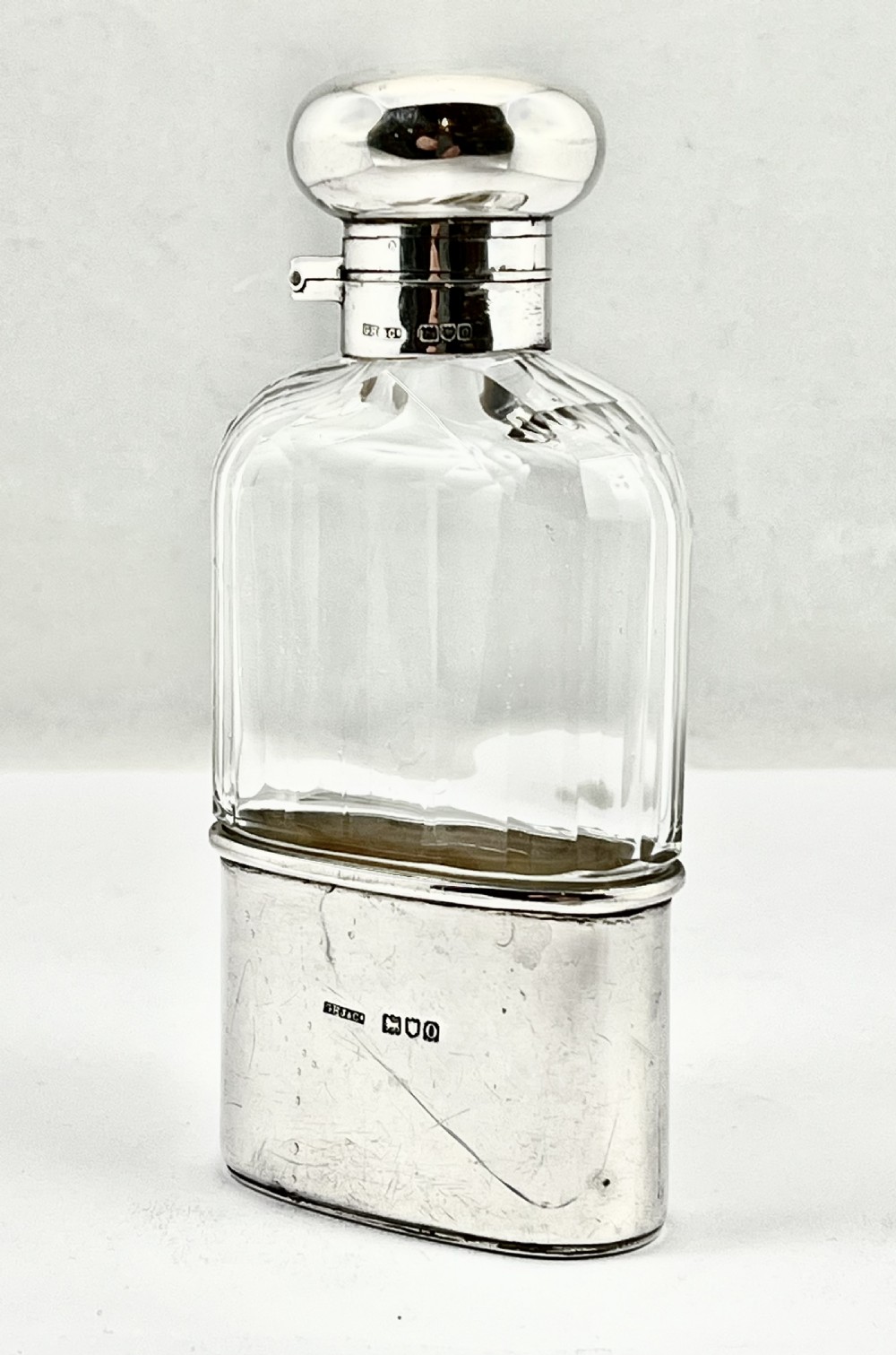 Edwardian antique glass and silver hip flask, London 1909 View II
