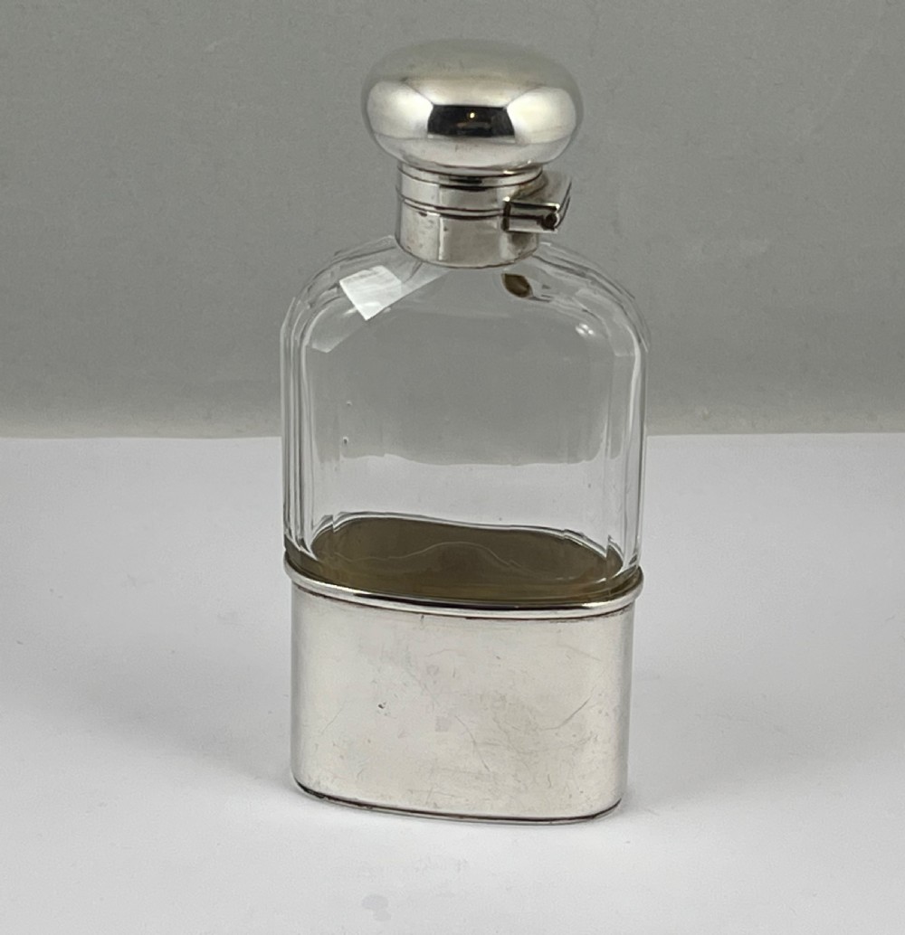 Edwardian antique glass and silver hip flask, London 1909 View V