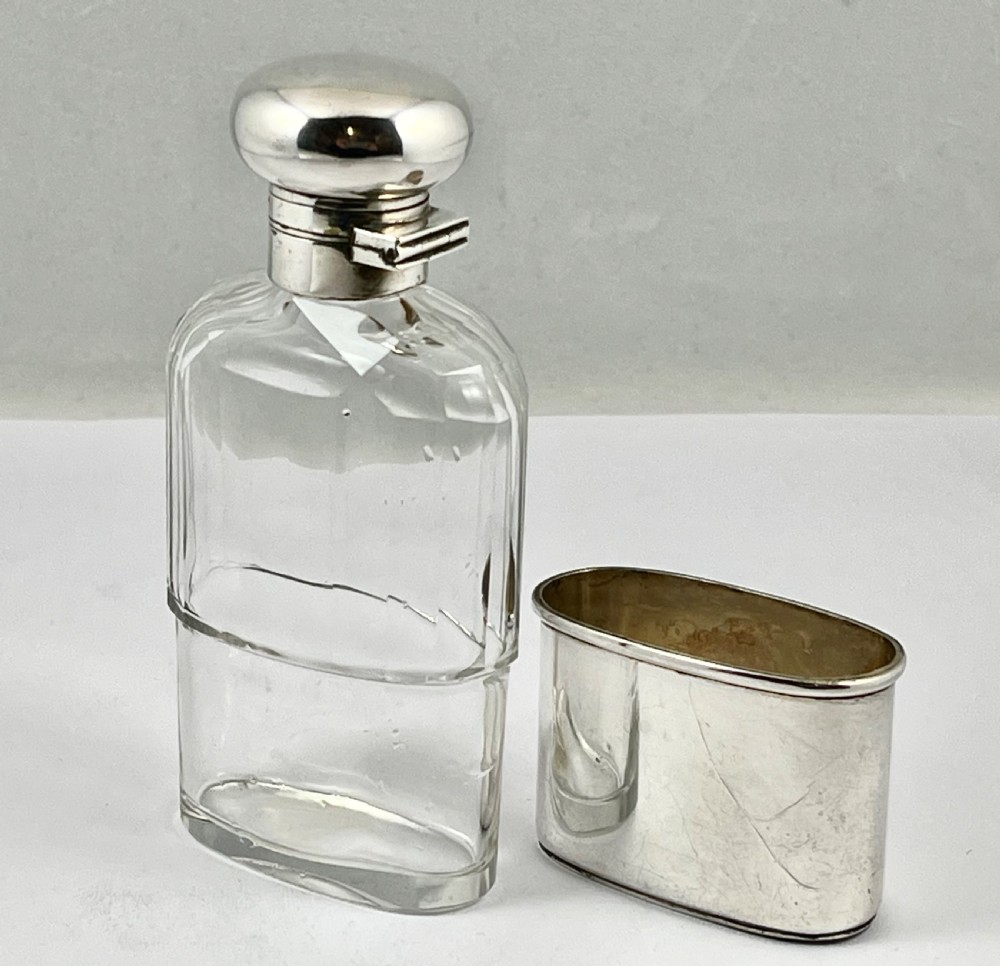 Edwardian antique glass and silver hip flask, London 1909 View VIII