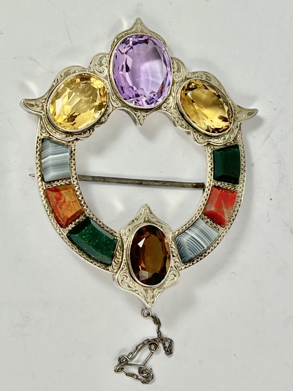 Victorian silver, agate and semi-precious stone brooch, c.1880