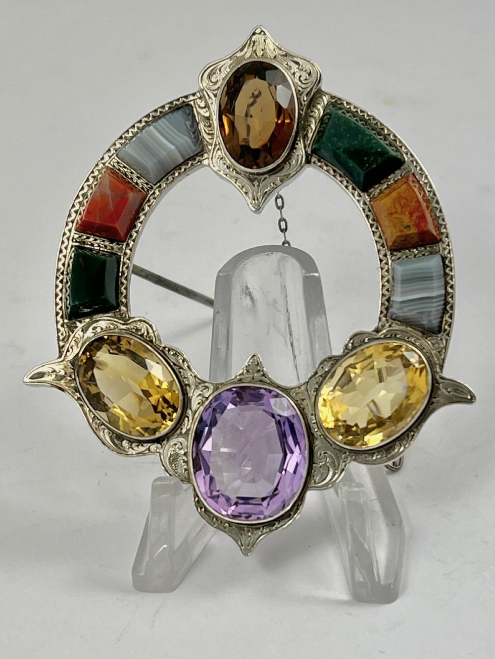 Victorian silver, agate and semi-precious stone brooch, c.1880 View II