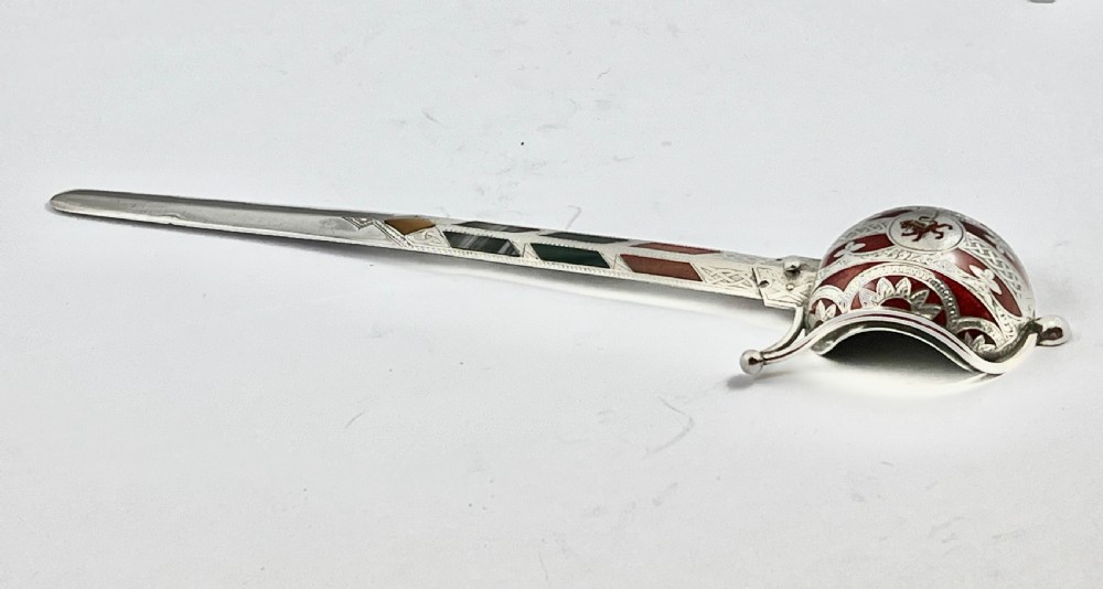 Victorian silver and agate sword paper knife, Edinburgh 1892 View X