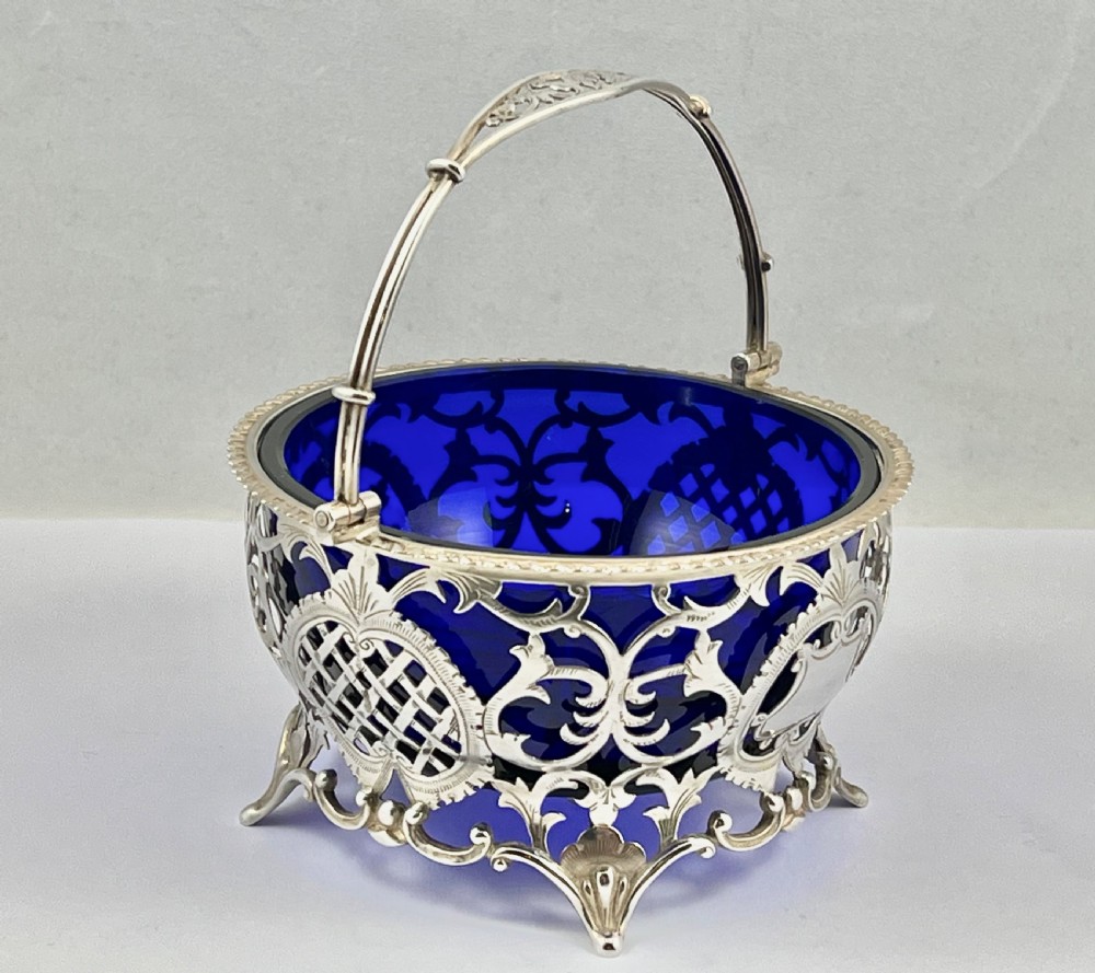 Edwardian antique silver and blue glass basket, London 1902