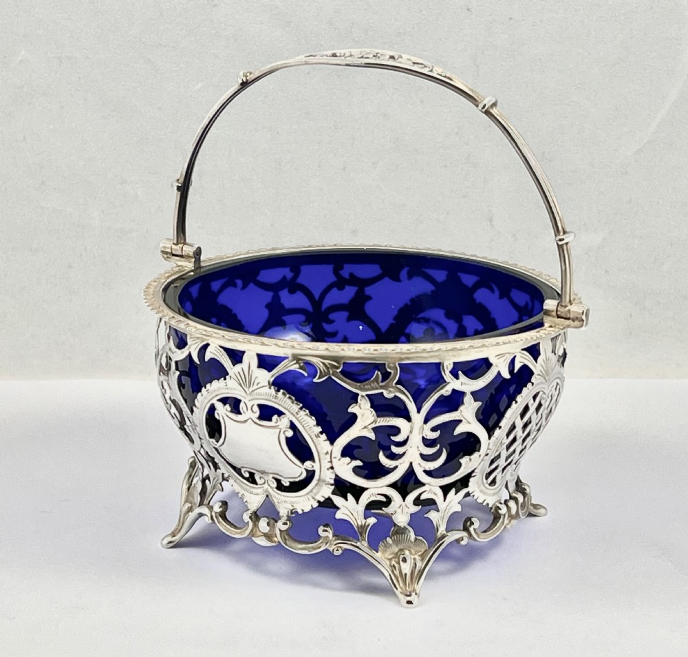 Edwardian antique silver and blue glass basket, London 1902 View II