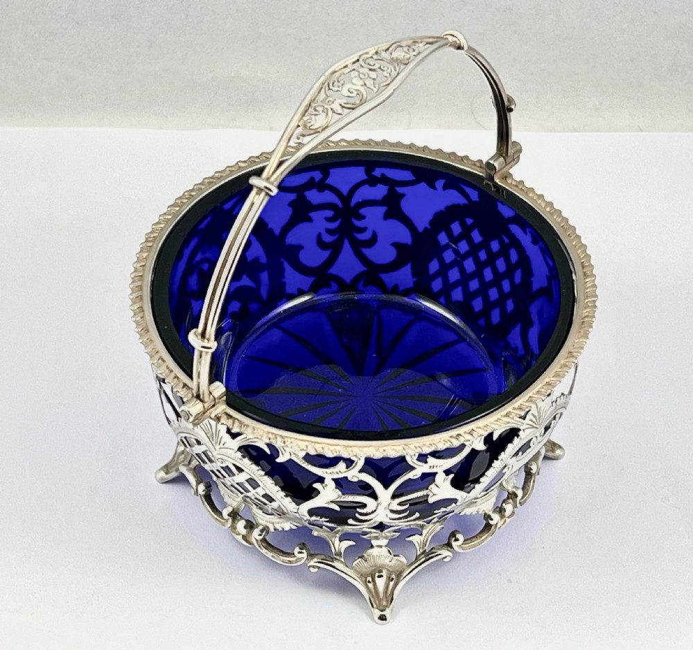 Edwardian antique silver and blue glass basket, London 1902 View III