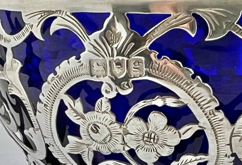 Edwardian antique silver and blue glass basket, London 1902 View IV