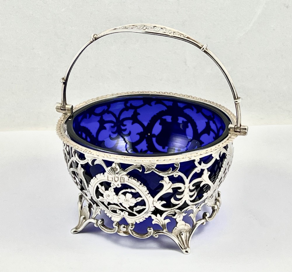 Edwardian antique silver and blue glass basket, London 1902 View V