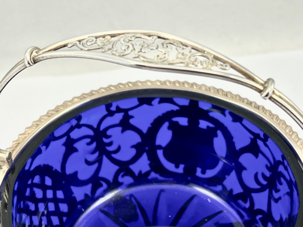 Edwardian antique silver and blue glass basket, London 1902 View VI