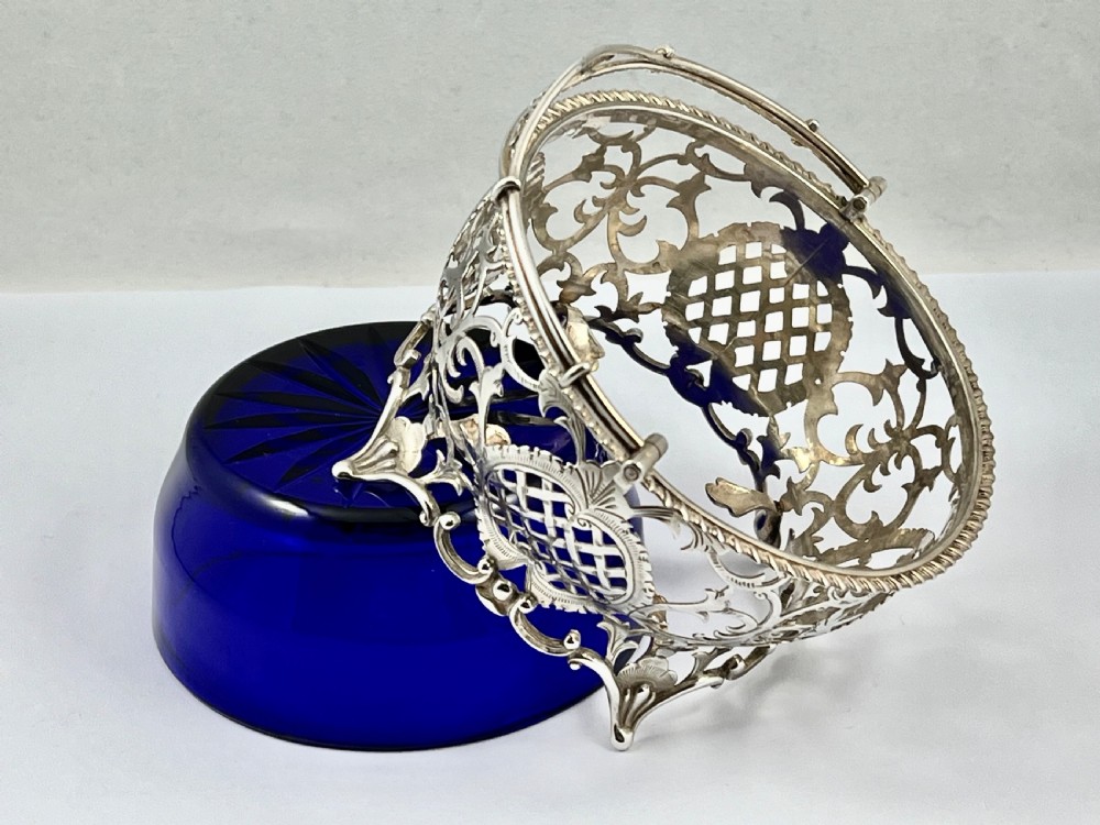 Edwardian antique silver and blue glass basket, London 1902 View VIII